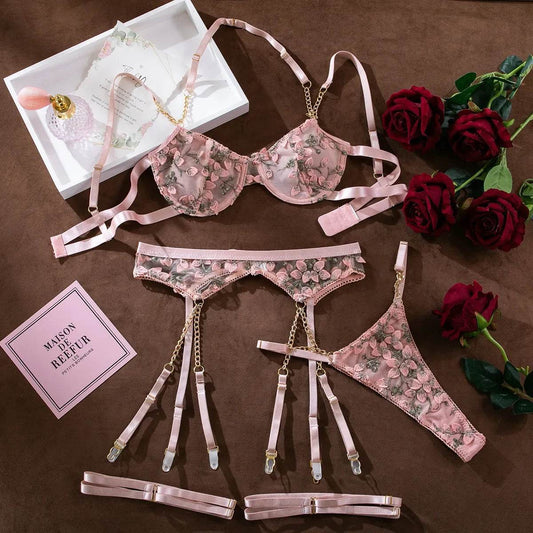 3 Pieces de lingerie brode fleurage rose sexy. - LUXYFLEX